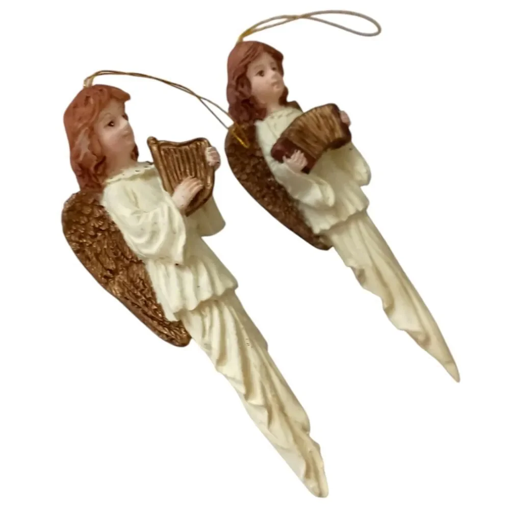 2 Angel Icicle Ornament Christmas Vintage 90s Resin Teardrop Holiday Ivory Gold.